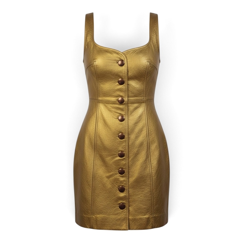 Free People Gold Metallic Real Leather Button Front Mini Dress Size 0 NWT